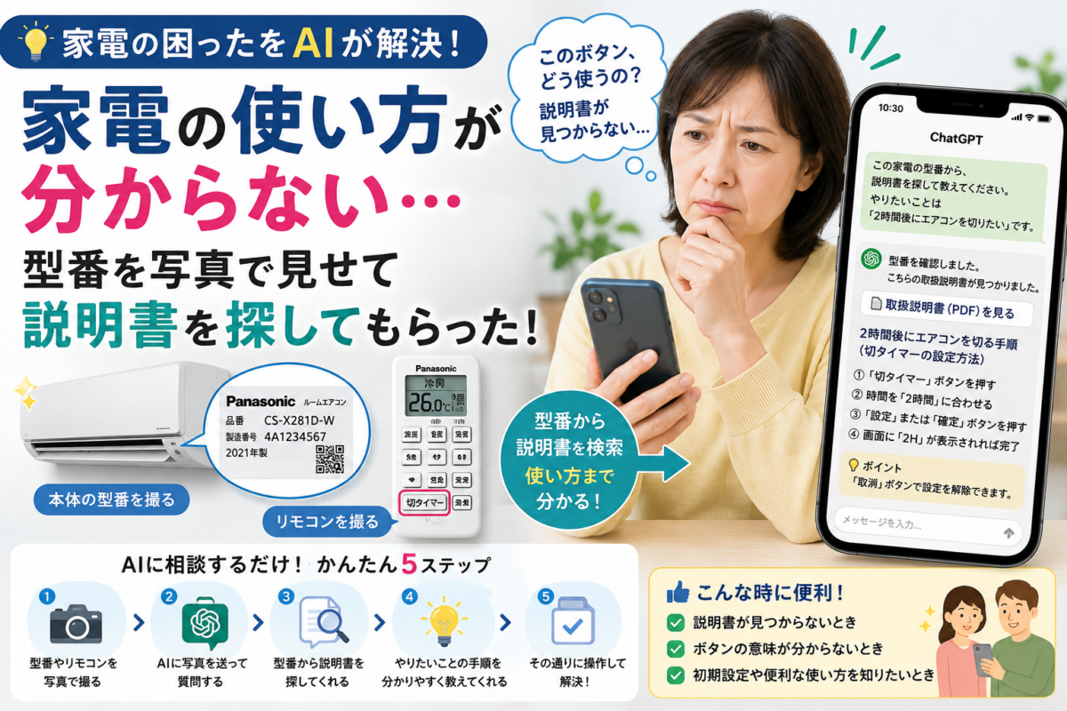 家電の使い方が分からない。型番を写真でChatGPTに見せて説明書を探してもらった