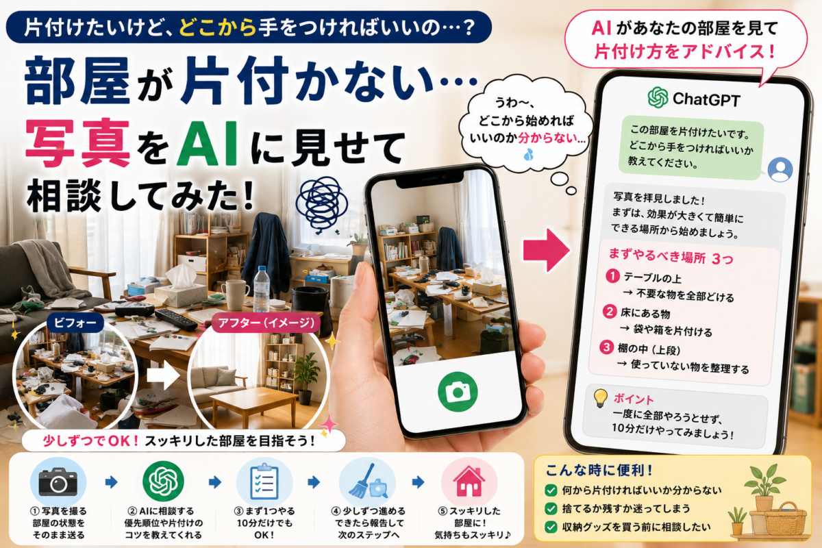 部屋が片付かない。写真をChatGPTに見せて、どこから片付けるか相談してみた
