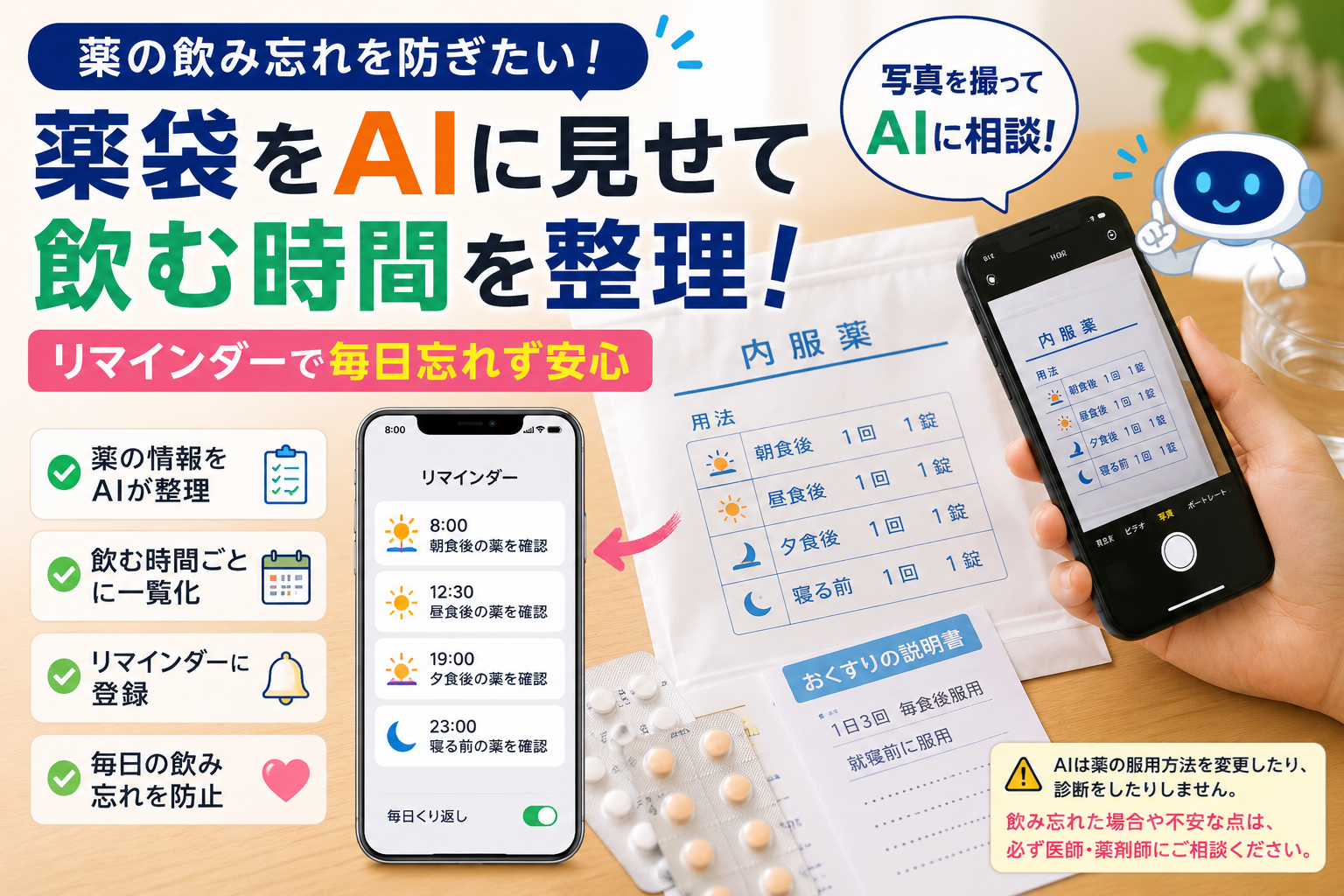 薬の飲み忘れを防ぎたい｜薬袋をAIに見せて飲む時間を整理し、リマインダーに登録する方法